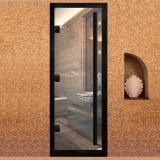 Дверь для хамама Престиж с вертикальной ручкой Прозрачная с черным профилем