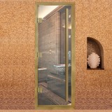 Дверь для хамама Престиж с вертикальной ручкой Прозрачная с профилем золото