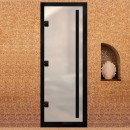 Дверь для хамама Престиж с вертикальной ручкой Белая матовая с черным профилем